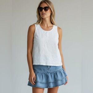 R Petites Embroidered Tank Top Sleeveless Floral White Cotton Small